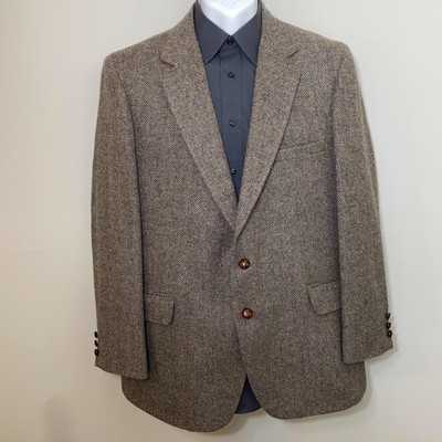 Vintage Saxony Hall Blazer Mens 44R Brown Gray Herringbone Tweed