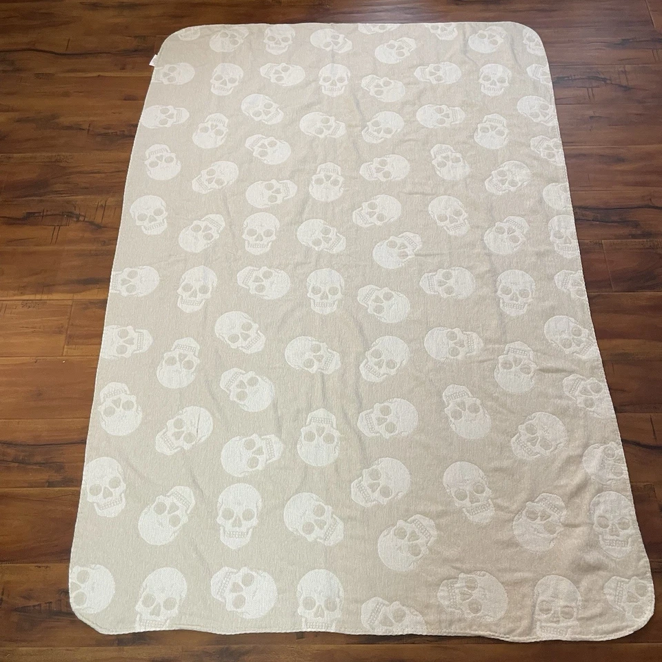 Skull Chenille Throw Blanket 51"x72" Reversible Ivory Beige Whimsigoth Envogue - Image 2 of 4