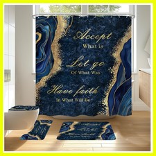 Modern Waterproof Navy Blue Marble Shower Curtain Set - Complete 4PC Collection