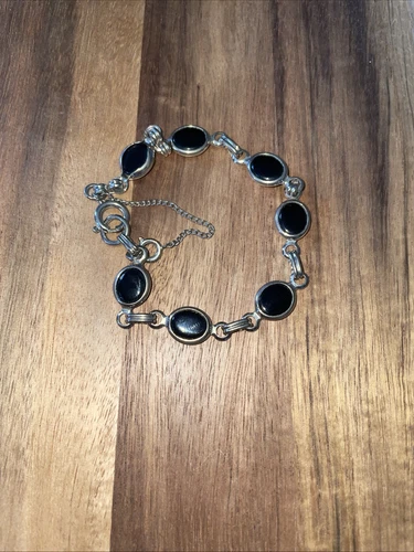 VALENTINO Bracciale Tennis Vintage Pietra Lucite Nera Tono Argento Estate Costume Moda