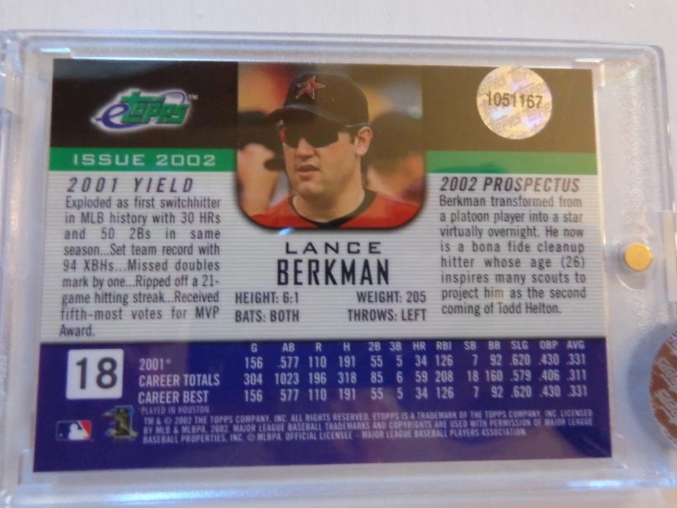 LANCE BERKMAN (Houston Astros) 2002 TOPPS ETOPPS REFRACTOR ENCASED #18 - Image 2 of 2