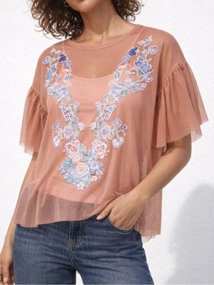 NWT ZARA Frilled Top - Floral Embroidery Print