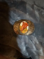 Vintage Oval Floral Scroll Belt Buckle with Horse Head Porcelain Cameo