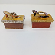Bejeweled High Heel Sandal Shoe Enameled Trinket Box Bling Flower, Set of 2