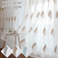 Pair Embroidered Leave Sheer Curtains Screening Yarn Voile Valance Drapes Eyelet