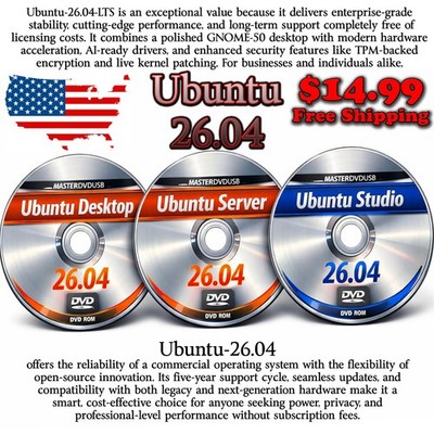Ubuntu 26.04 LTS   3 DVD Set Desktop - Server - Studio Edition - Grade AAA+