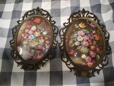 Set Vintage Brass Ornate Oval Convex Framed Prints of Flowers 9x13"