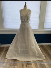 Ivory Sleeveless V-Neck Lace Beaded A-Line Wedding Dress with Train