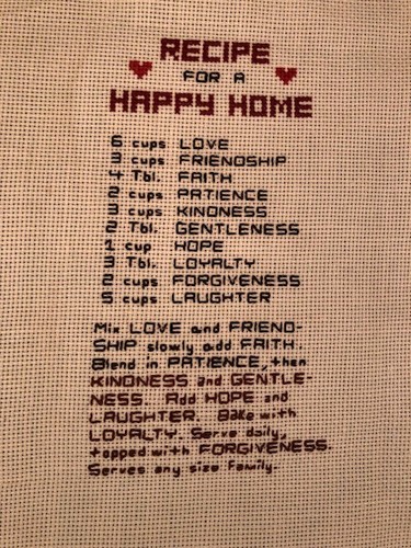 counted cross stitch - Recipe for a Happy Home - sampler - no frame