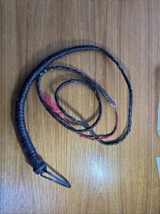 Vintage Black Leather Braided 7 Foot Bullwhip With Handle Strap Loop Tassel Red