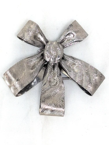 Vintage Miriam Haskell Signed Pin Brooch Ribbon Bow Silver Tone