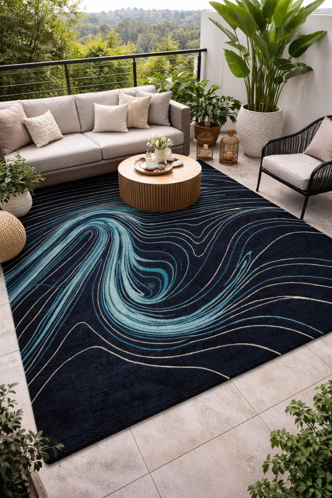 Abstract Wave Pattern Area Rug – Modern Black & Blue Carpet for Living Room,
