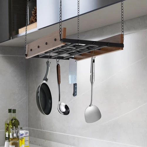 Black and Brown Ceiling Mounted Pot Rack Hanging Pots and Pans Organizer w/Hooks - Picture 2 of 6