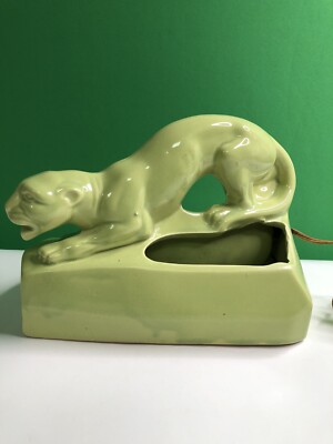 Vintage MCM Chartreuse Ceramic PANTHER TV LAMP Night Light Planter Figurine Vase