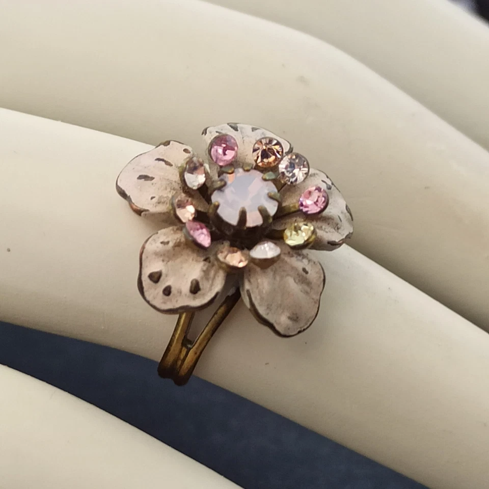 Michal Negrin Ring Romantic Pastel Pink 3D Flower With Swarovski Crystals Shabby - Image 2 of 4