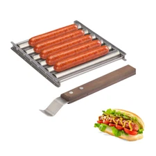 Hot Dog Roller Stainless Steel Sausage Roller Wood Handle BBQ Hot Dog Griller