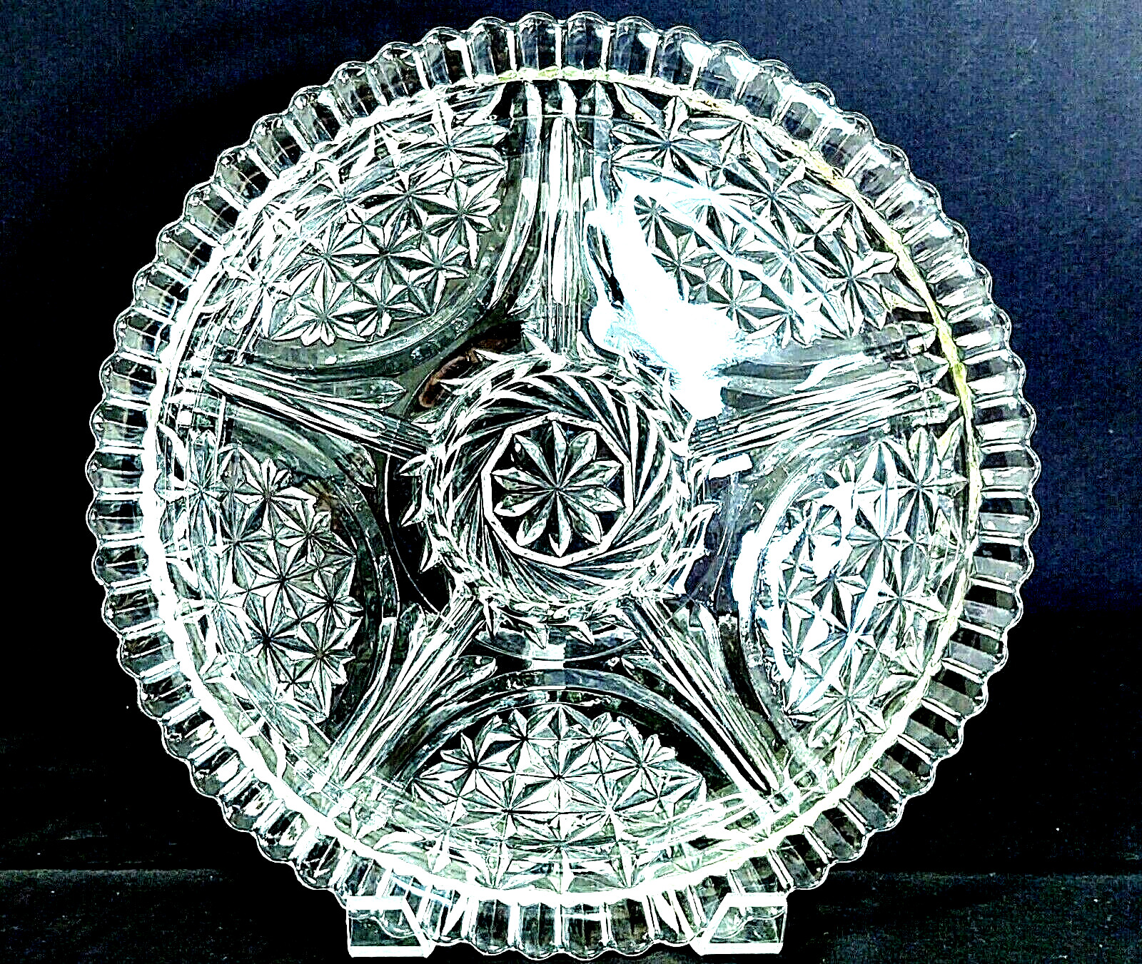 VINTAGE CLEAR  APPETIZER SERVING PLATTER PLATE DIAMOND STARBURST CUT  6 SECTIONS