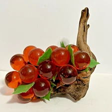 Vintage Lucite Grapes Orange Cluster on Driftwood Mid Century Modern Vine Leaves