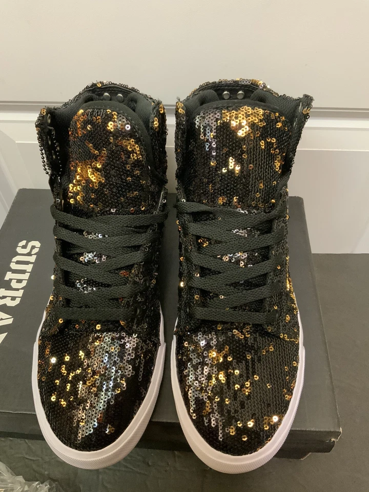 RARO SUPRA Mujer Zapatos Skytop Metálicos Negro Metálico Dorado Lentejuelas Talla 5 Foto 2 de 4