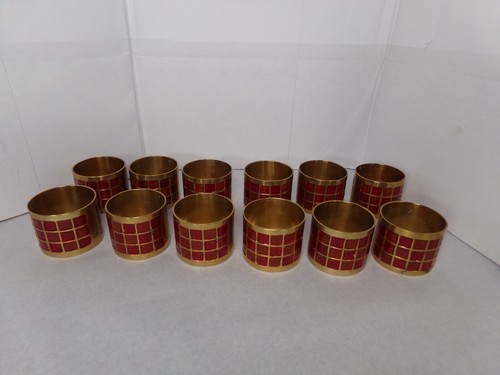 12 Brass Napkin Rings Holder Inlaid Enamel Red / Orange Geometric Design Vintage - Picture 9 of 15