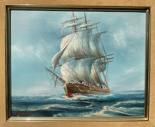 Tableau et son cadre- huile sur toile du voilier , peint mains et signé - Foto 3 di 13