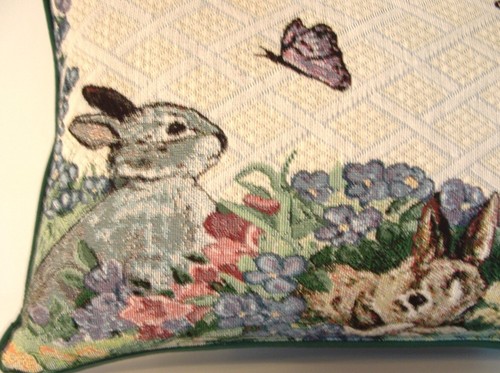 Rabbits -Three Rabbits In Flower Garden By Linda Pickens, Tapestry Pillow New - Picture 3 of 9