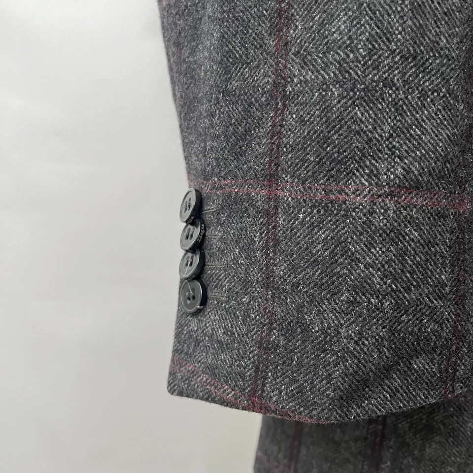 Z Zegna Mens Blazer Red Black Silk Angora Window Pane Shadow Herringbone 46R - Image 3 of 4