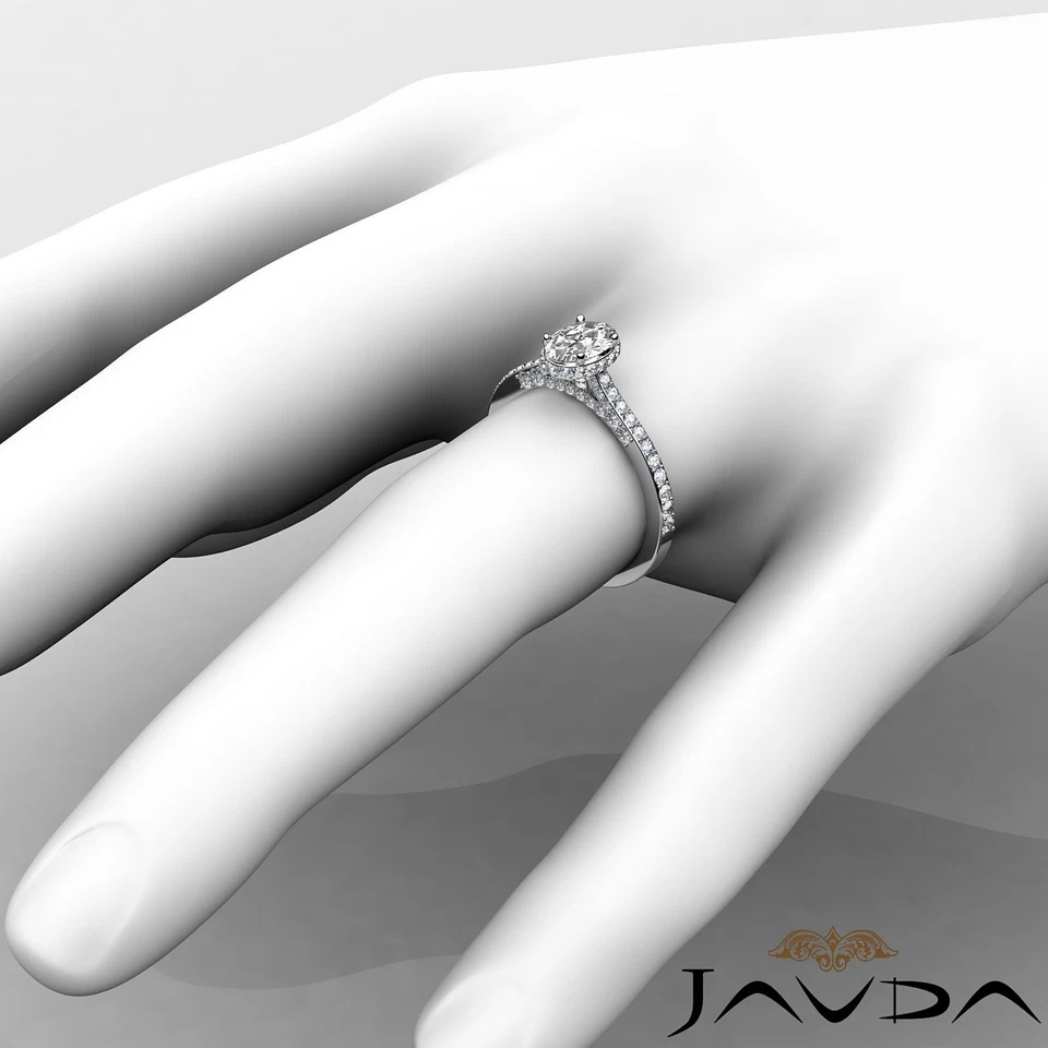 Conjunto de anillo pavé de compromiso de diamantes ovalados con acento de puente de halo circa GIA F VS1 1,15 ctw Foto 4 de 4