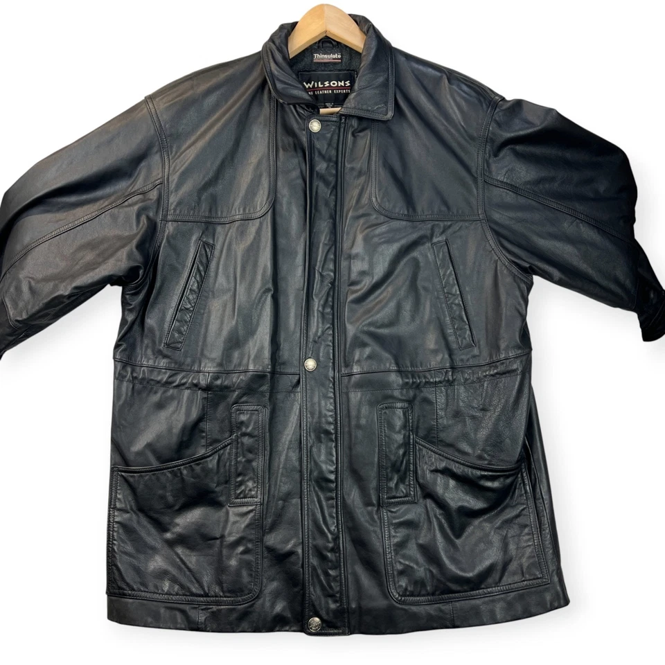 Chaqueta de Campo de Cuero Wilsons Para Hombres Años 90 Parka de Carga Negra Aislante Mediana Motociclista De Colección Foto 4 de 4