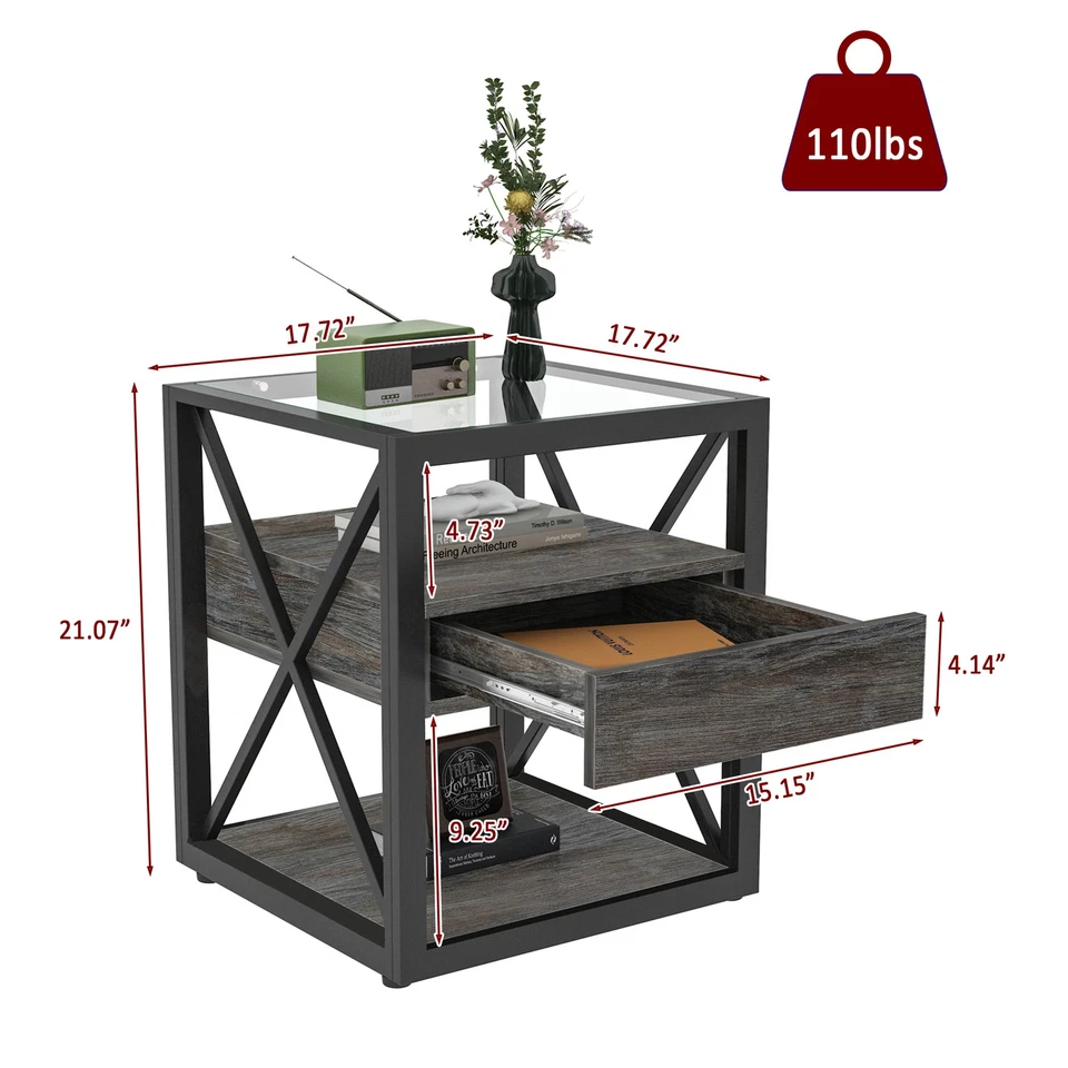 1 шт. современный торцевой столик выдвижной ящик деревянный стеклянный верхний прикроватный столик в промышленном стиле - Изображение 2 из 4