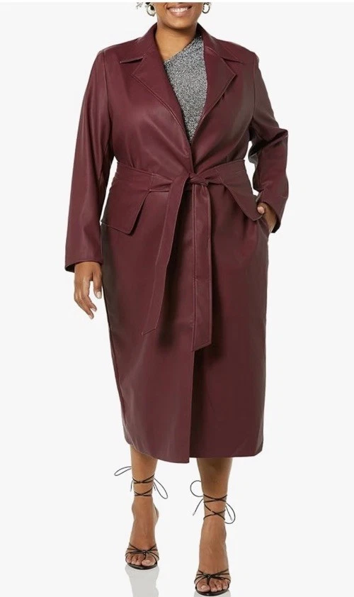 Terea By Andrea Pitter Dark Cherry Faux Leather Long Coat Belt TR311 Small NWT