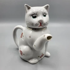 Vintage Cat Shaped Ceramic 5.5" Teapot Floral Pattern & Removable Head Lid