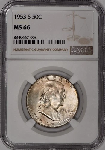 1953-S Franklin Half Dollar 50c NGC MS66 - Nicely Toned!