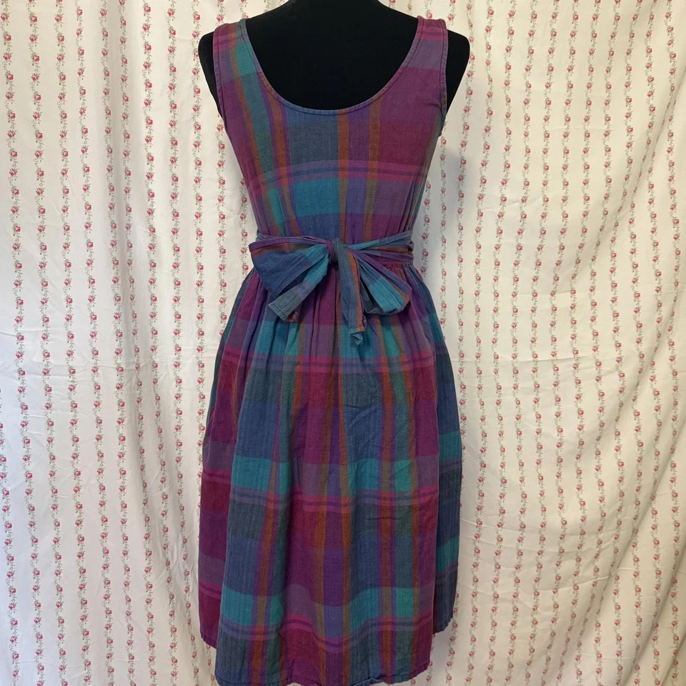 Vintage 80s does 50s Rainbow Plaid Fit and Flare Dress size M - Image 3 of 4