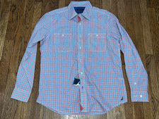 Nautica 80s Two Ply Cotton Mens Button Up Shirt Long Sleeve Blue Orange Plaid M