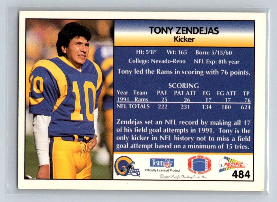 1992 Pacific #484 Tony Zendejas Los Angeles Rams Football Card - Image 2 of 2
