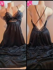 Rare Vintage Silky Nylon Lace Long Maxi Open Back Slip Dress Gown Size Sm
