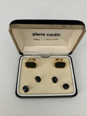 VTG 6 pc PIERRE CARDIN Classic Octagon Gold Tone Onyx Cufflinks & Stud Set & Box
