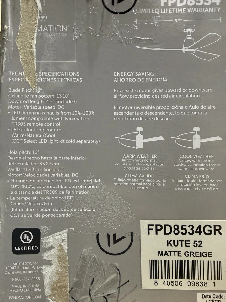 Fanimation Kute 52" Ceiling Fan, Matte Greige/Weathered Wood Blades - FPD8534GR - Image 4 of 4