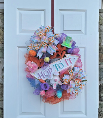 Handmade Spring EASTER DecoMesh Wreath Pastel Florals Bunny Sign  25'' x 21'' Oval