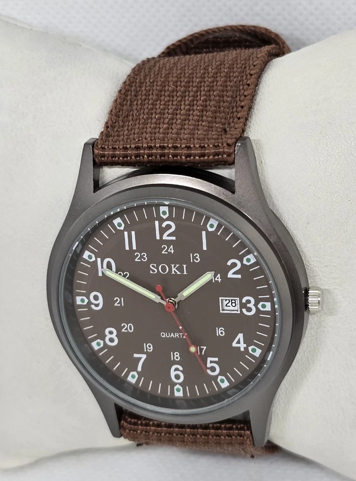 Reloj Hombre SOKI EE. UU. Militar Ejército Calendario Analógico Cuarzo Marrón Lona Banda 07 Foto 2 de 4