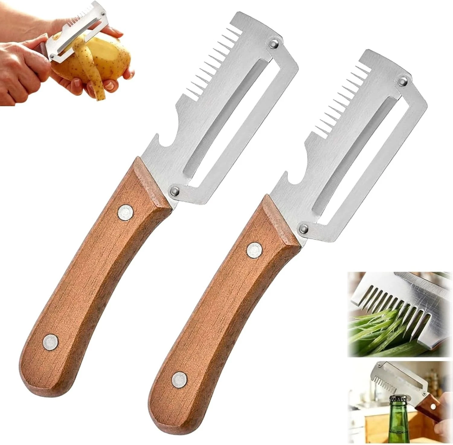 2PCS Multifunctional Vegetable Peeler 3 in 1 Multi Functional Wooden Handle