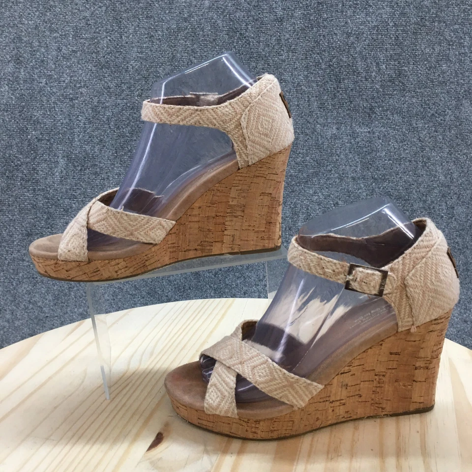 Sandalias Toms para mujer 8 Sienna tejidas al tobillo con tiras de corcho cuña de tela beige hebilla Foto 2 de 4