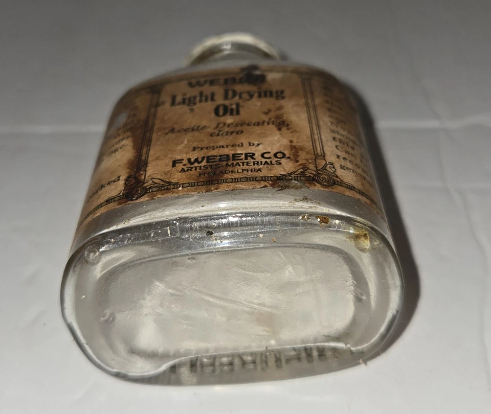 Antigua botella de vidrio en relieve Weber aceite de secado ligero con etiqueta de papel Philadelphia Foto 4 de 4