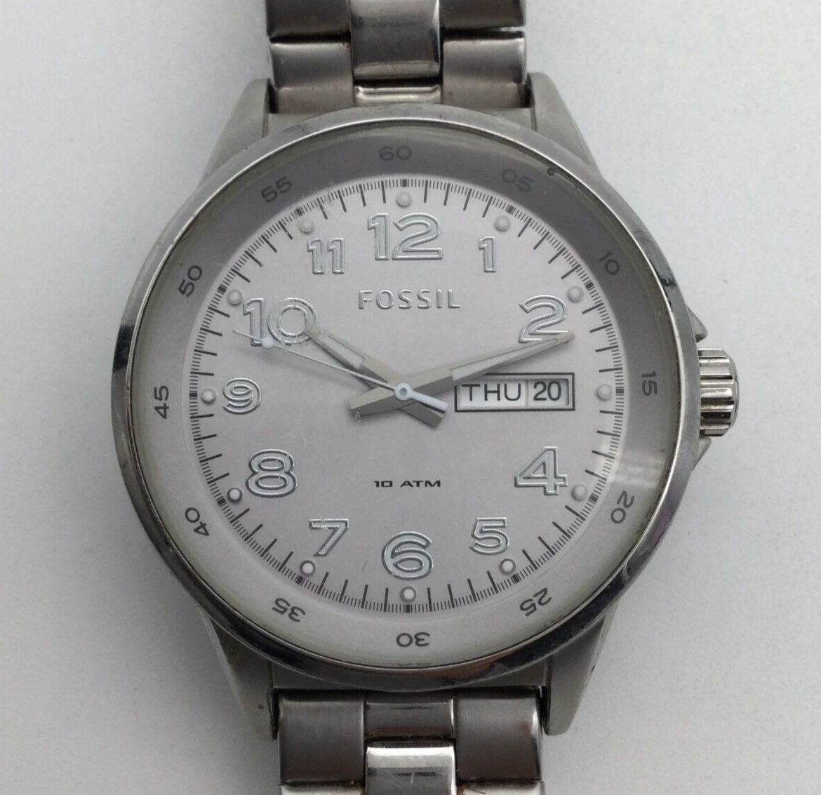 Fossil Watch Women 39mm Silver Tone Round Day Date AM-4342 New  