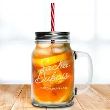 Engraved 620ml Mason Jar Drinking Glass Mug with Lid & Straw