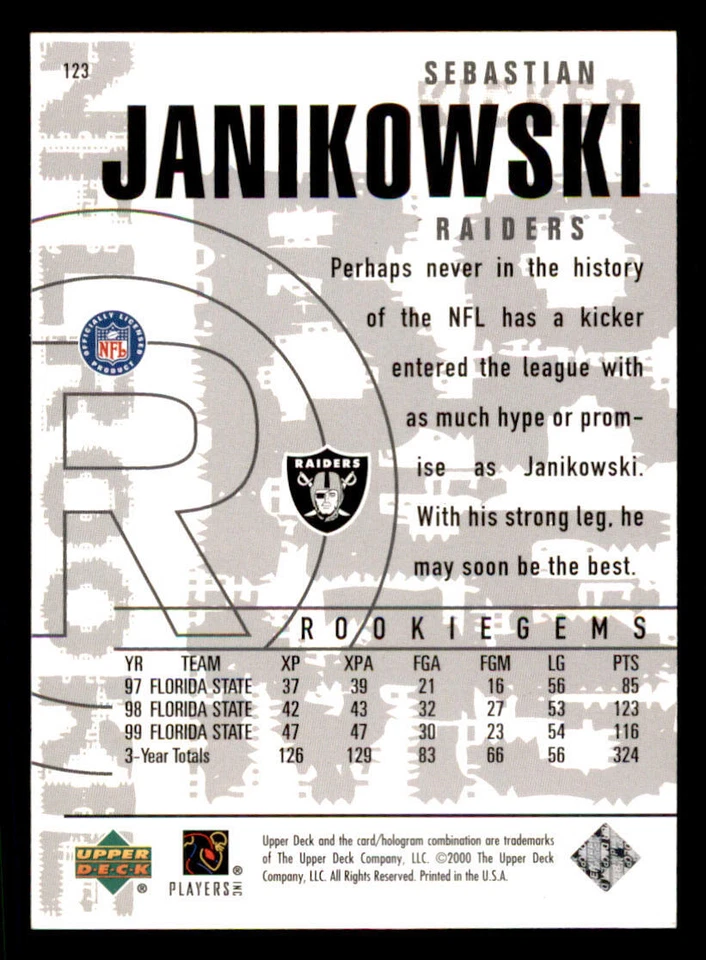 2000 Black Diamond #123 Sebastian Janikowski RC /2400 - Image 2 of 2