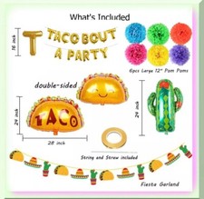 Taco Bout A Party Balloon Set With Cactus And Taco Mylar,Fiesta Banner Pom Poms