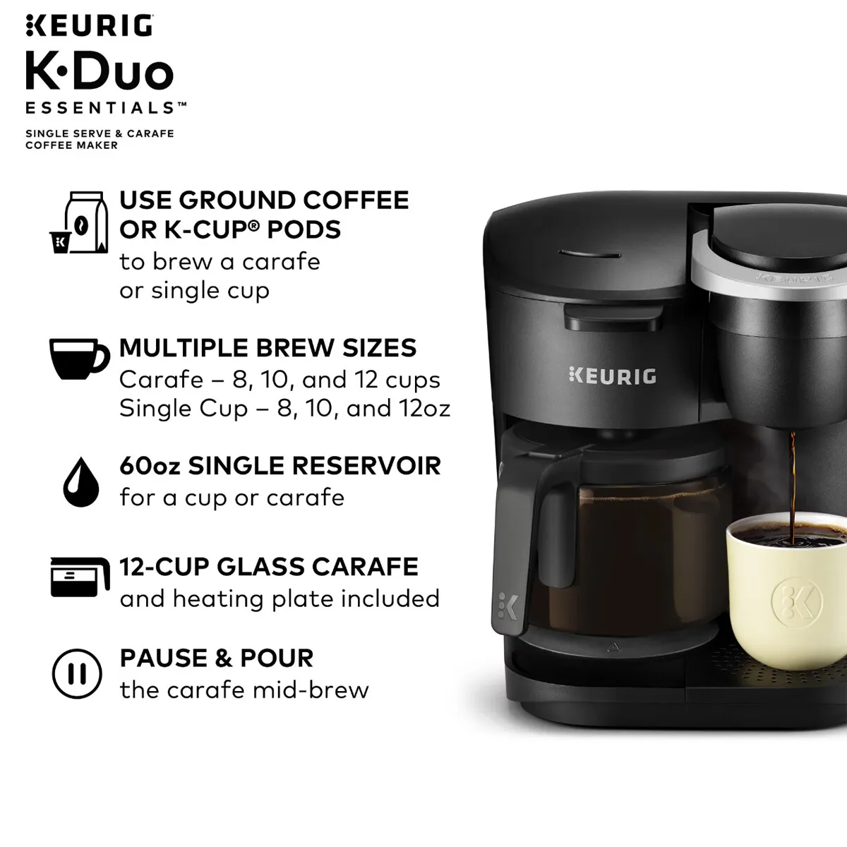 Keurig K-Duo Essentials Single Serve K-Cup Pod & Carafe Coffee Maker -  BLACK