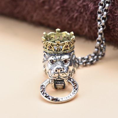 Majestätischer S925 Sterlingsilber Löwenkopf Anhänger mit Regal Krone & Zirkon Edelsteinen